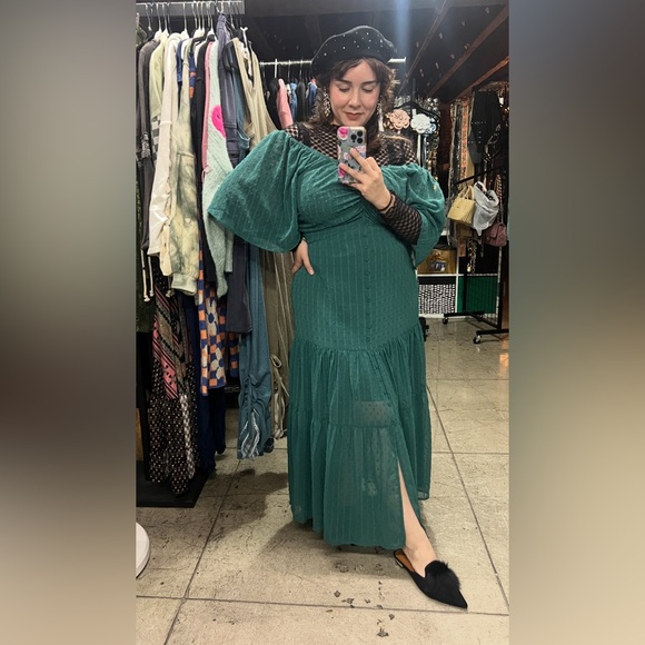 🟠 97B. Swiss Dot Ruched Bodice Open Back Tiered Midi Dress - Green - Picture 7 of 9